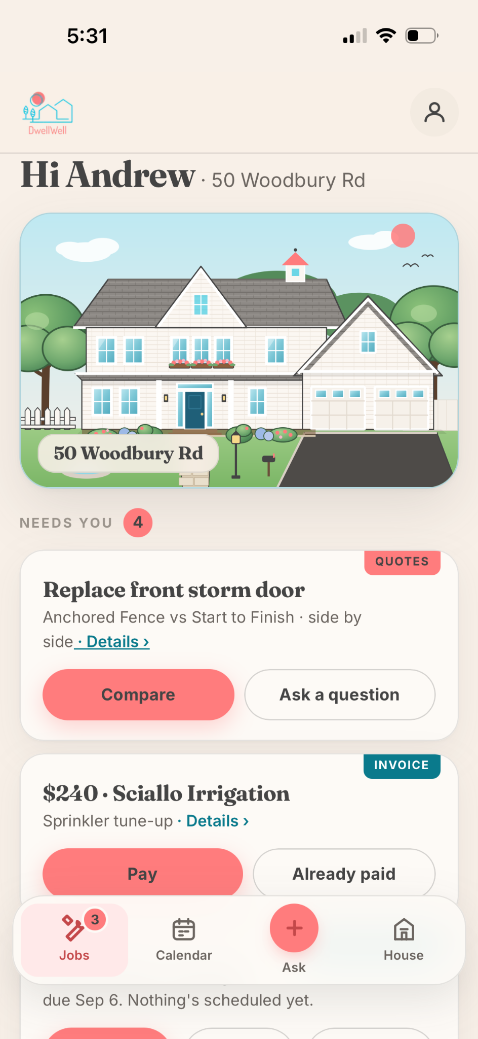 DwellWell app Jobs screen showing active and completed home service requests
